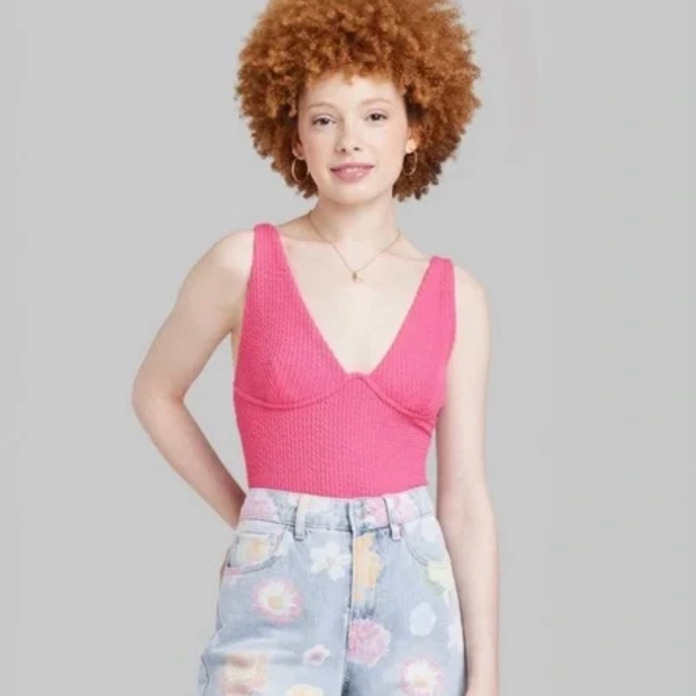 💖5 for $50💖Wild Fable Vibrant Pink Sleeveless V-Neck Textured Bodysuit Thong